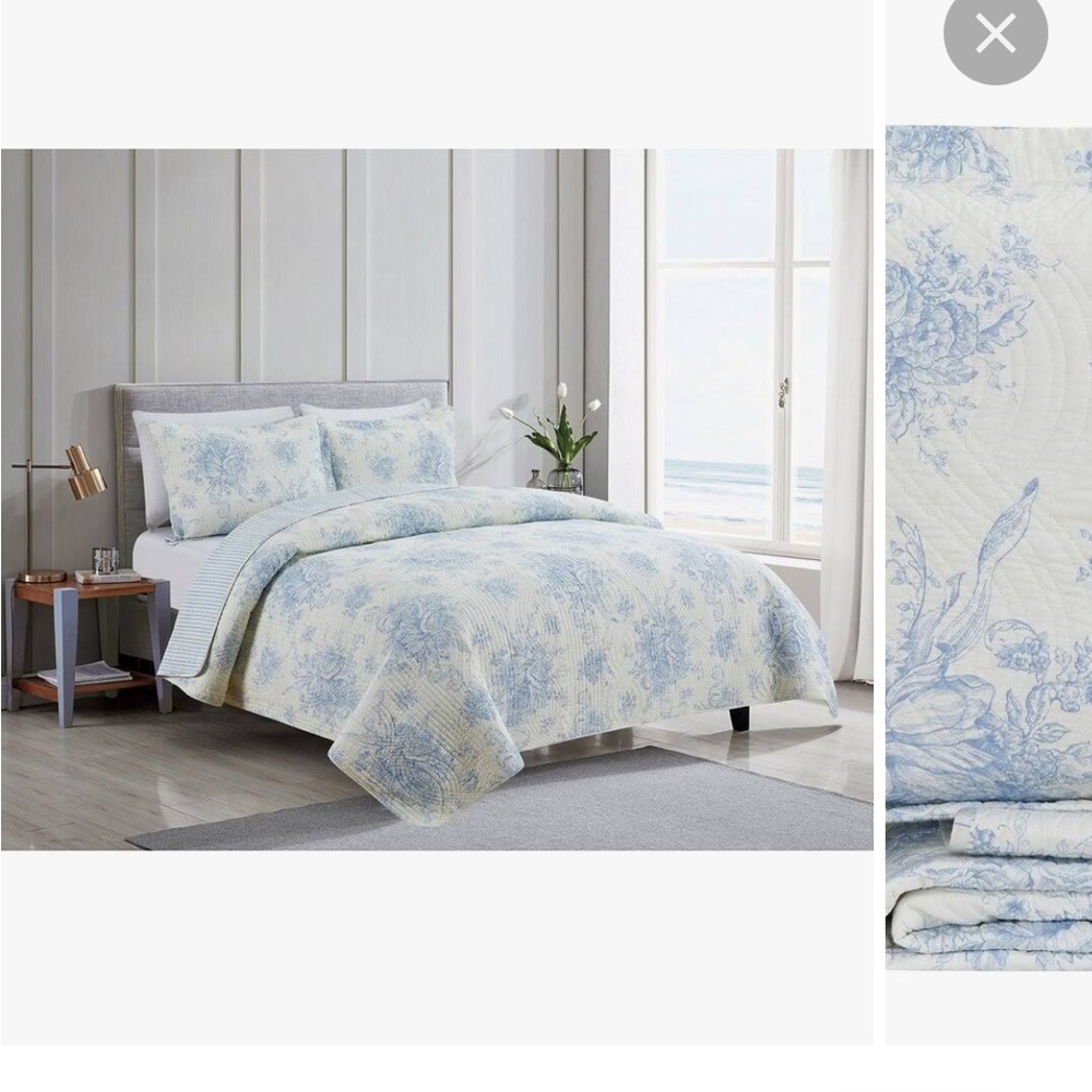 Melange toile quilt set with shams and matching 400 tc sheets in light blue